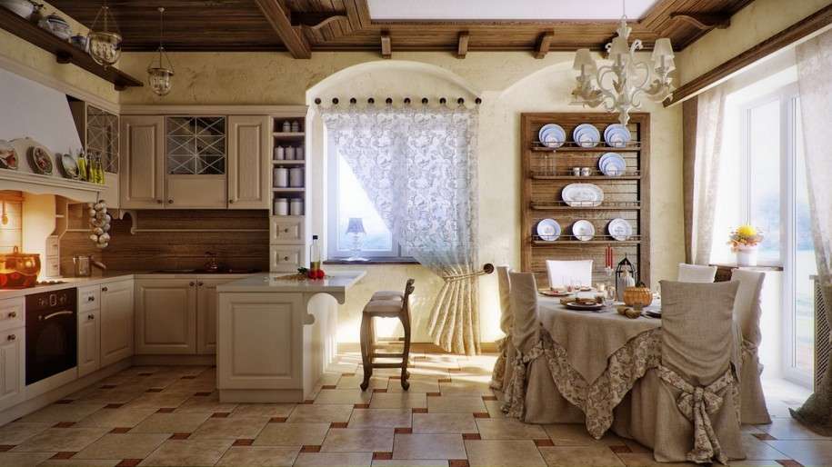 Cucina country, tenda bianca