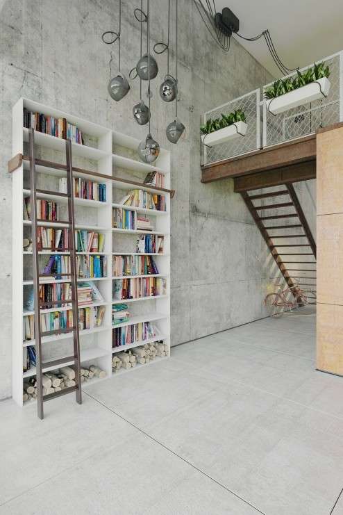 Parete effetto cemento per libreria