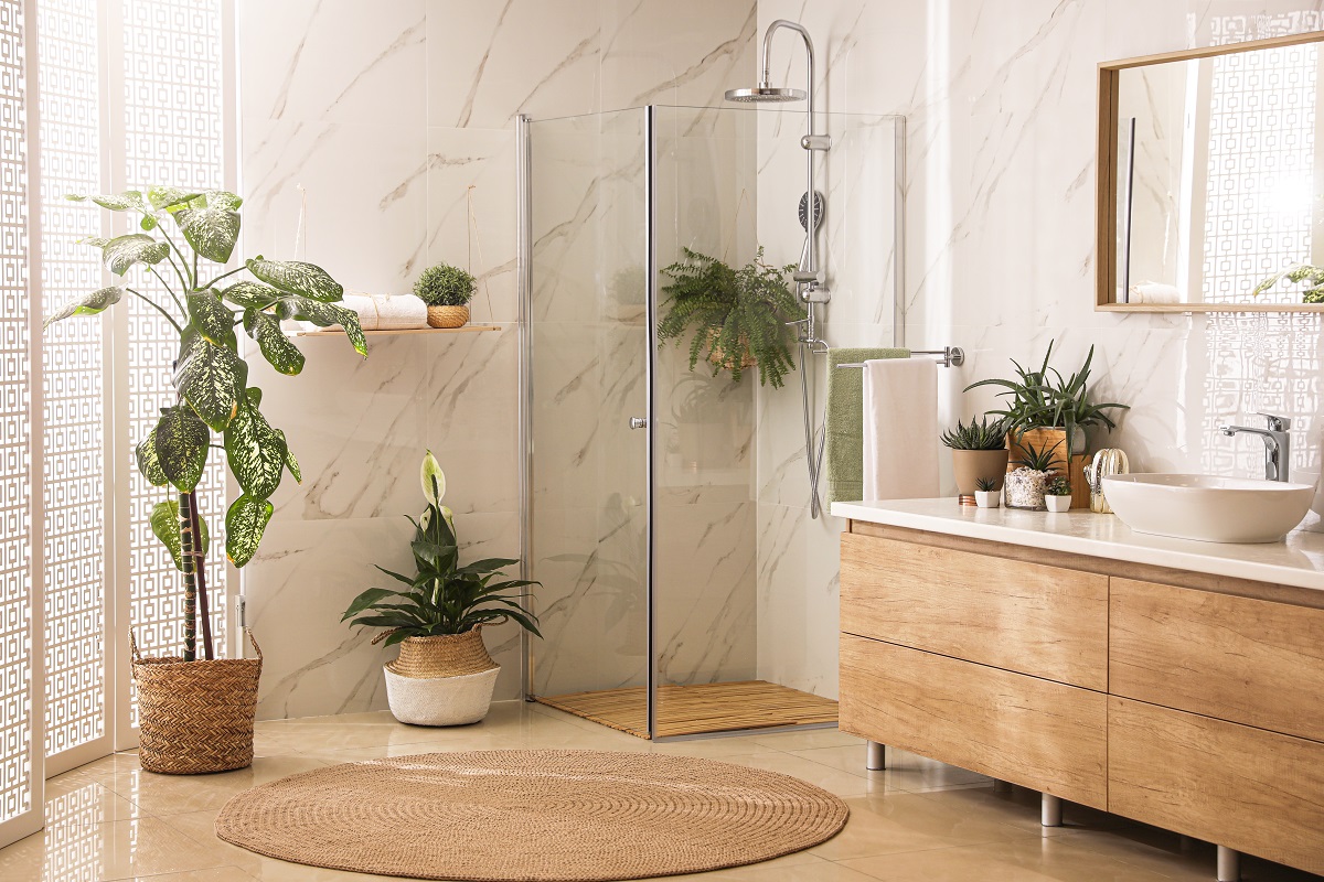 Stylish,Bathroom,Interior,With,Countertop,,Shower,Stall,And,Houseplants.,Design