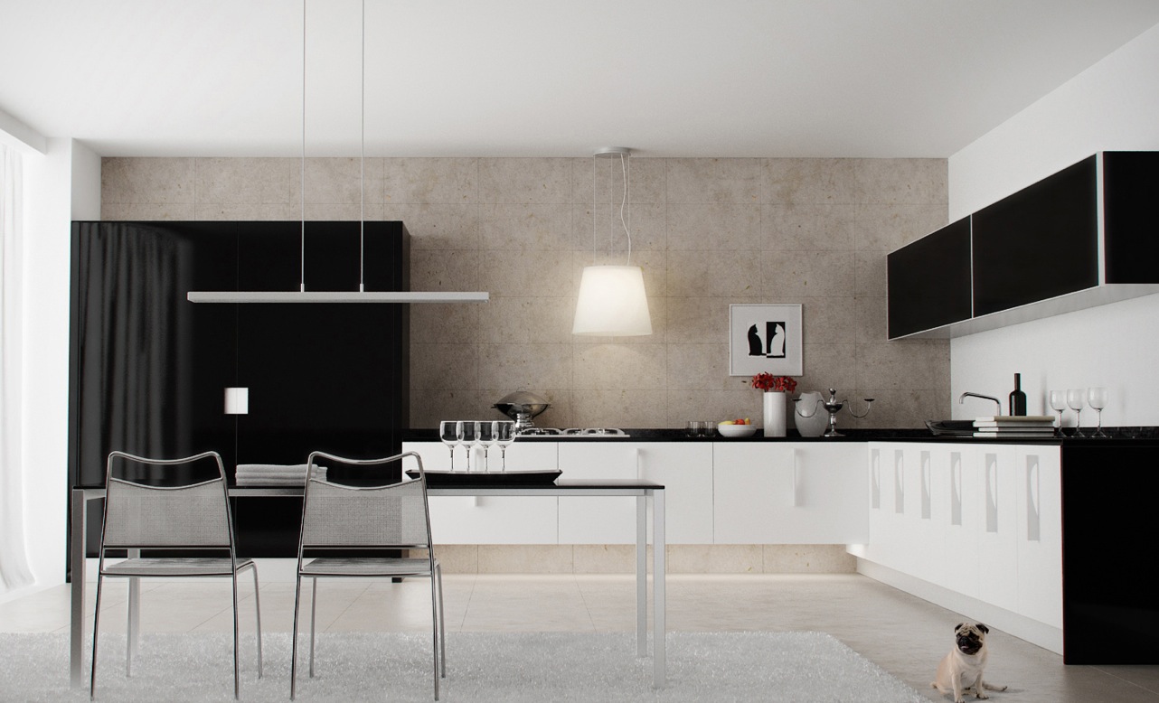 Cucina bianca e nera in stile moderno
