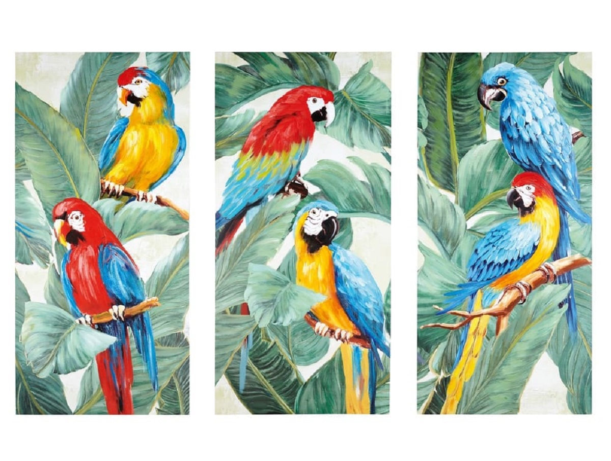 trittico tele pappagalli