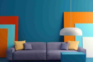 divano colorato con pannelli di tonalità diverse per scegliere i colori della casa