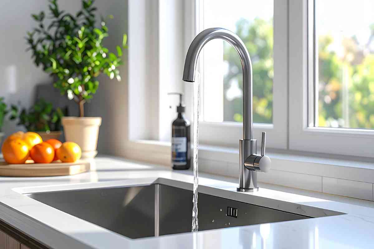 Lavello sotto top con piano di lavoro davanti alla finestra