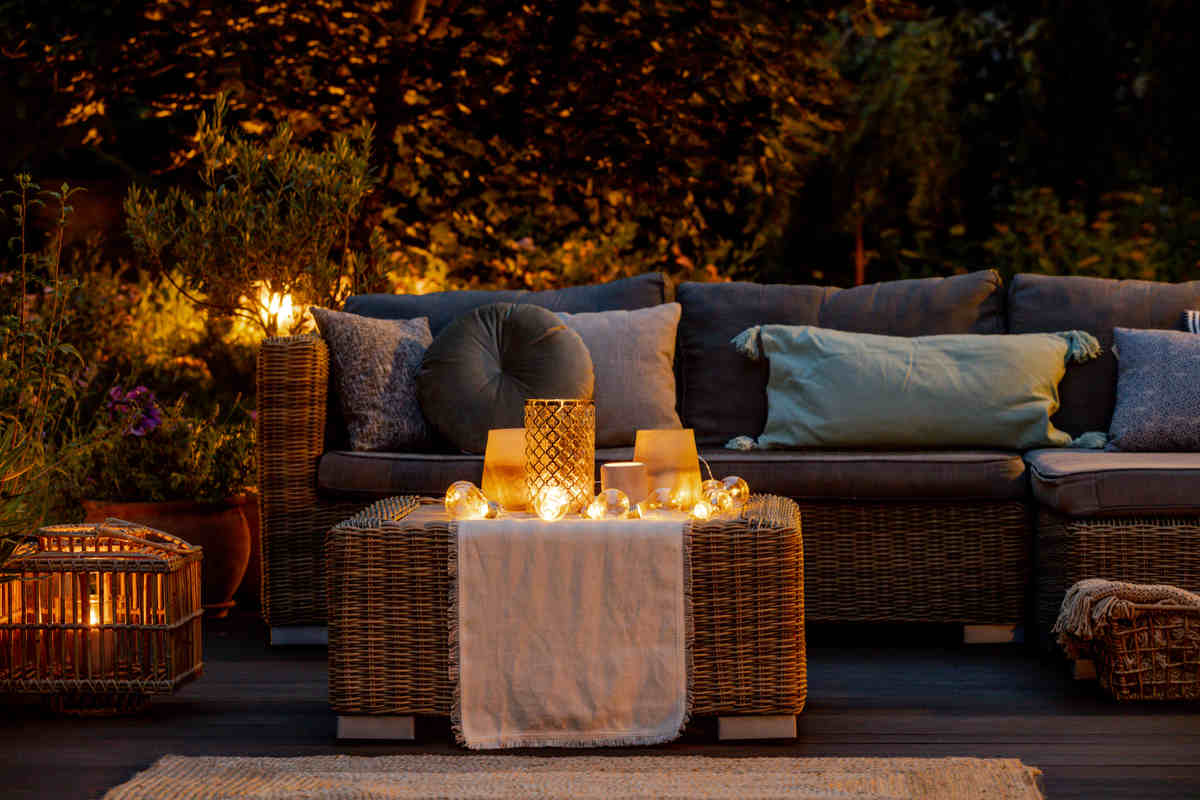 arredamento giardino con poltrone con cuscini e tavolo in vimini, e candele 