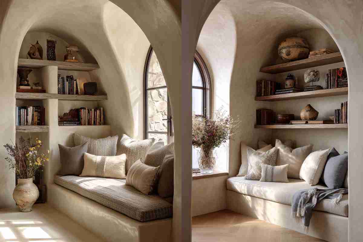 due idee per l'angolo lettura in casa ricavate nella nicchia vicino alla finestra