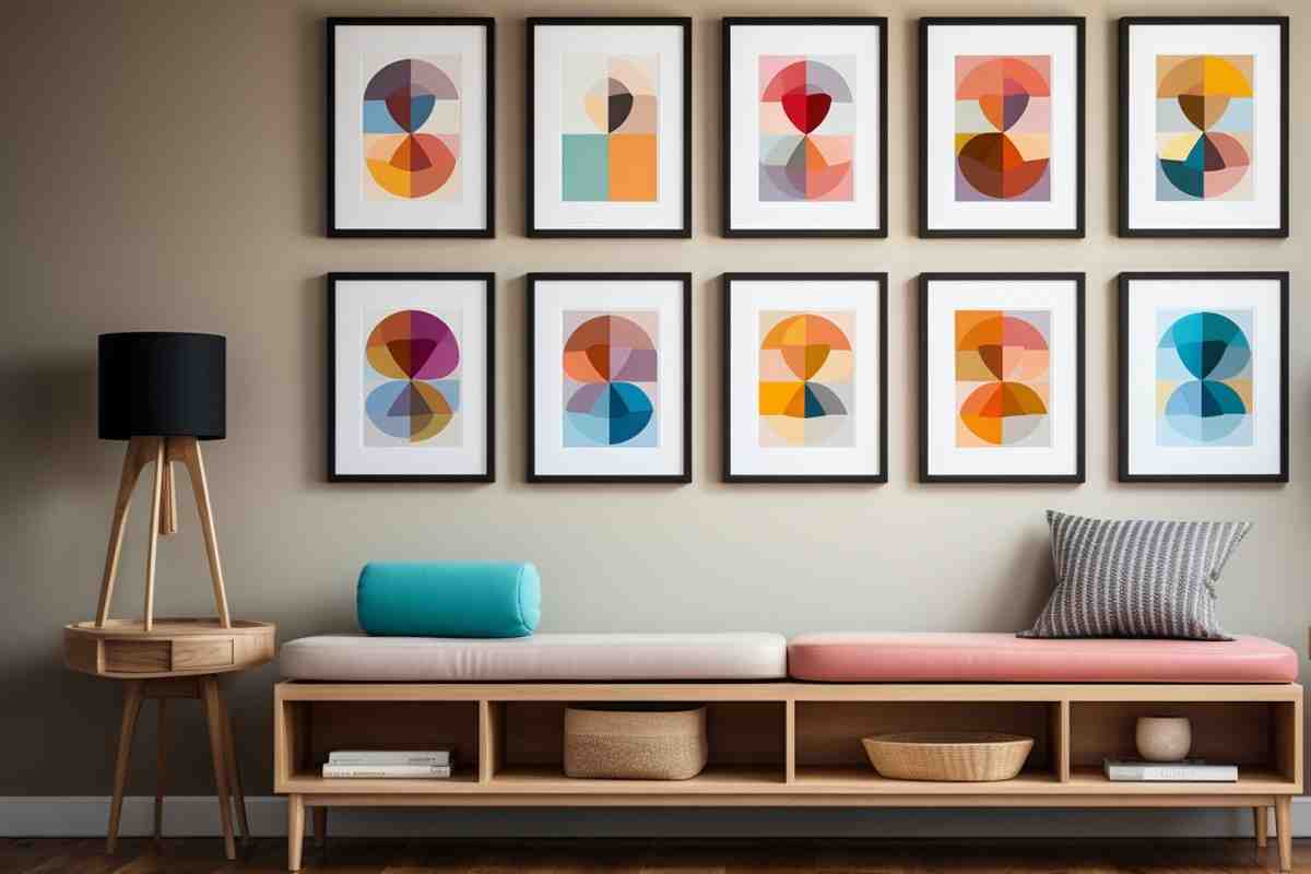panca con cuscini e parete con tanti quadri colorati che formano l'effetto galleria