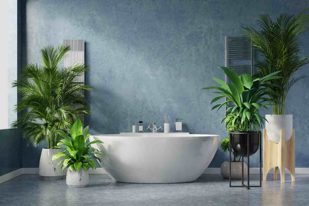bagno personalizzato con piante e decorazioni sulle pareti dipinte con una tonalità azzurro polvere