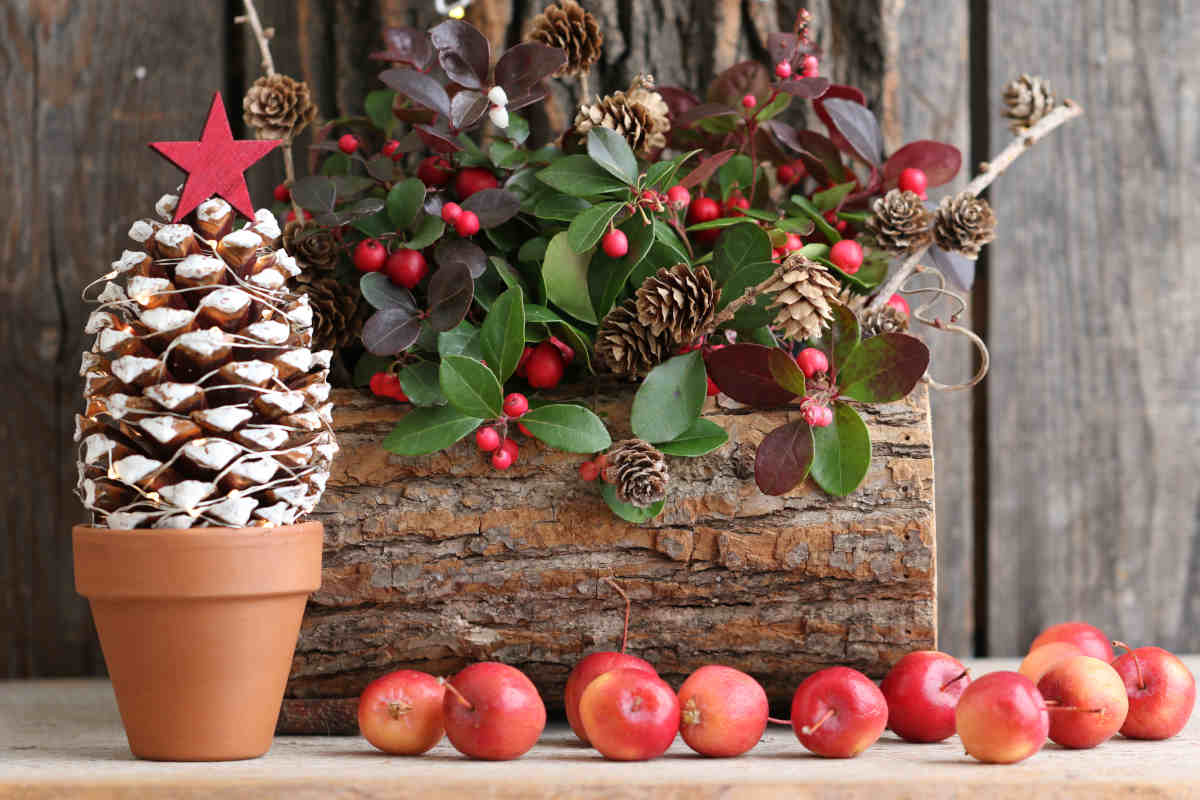 alberello con pigne e altre decorazioni natalizie