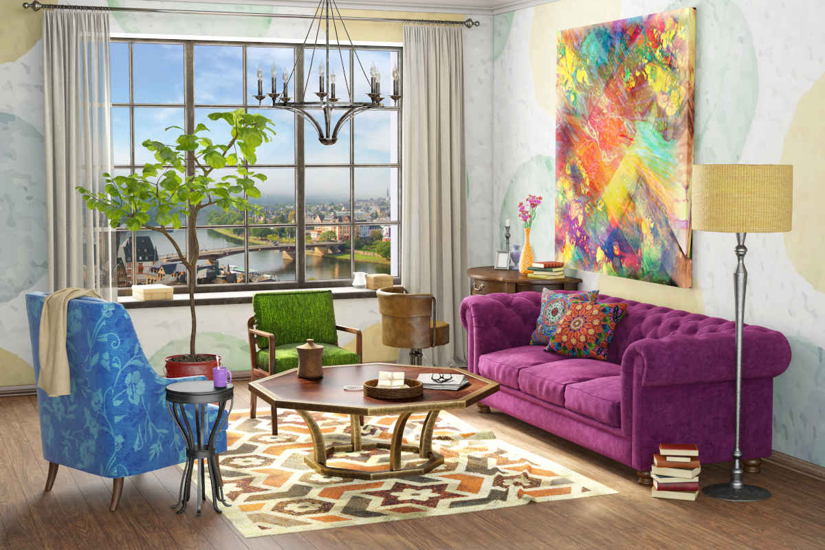 soggiorno con arredamento colorato in stile eclettico