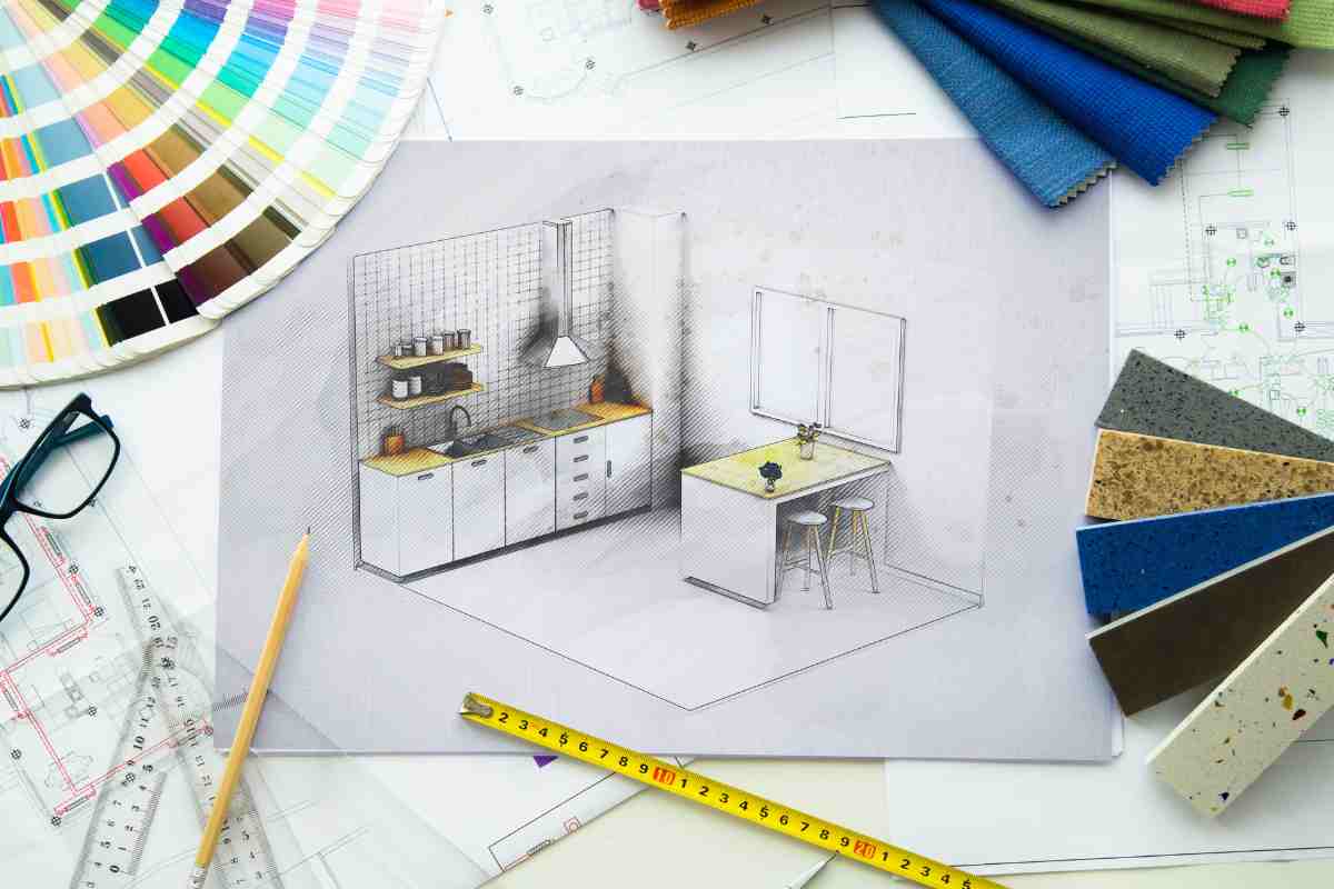 progetto rendering di una cucina con palette colori e metro avvolgibile