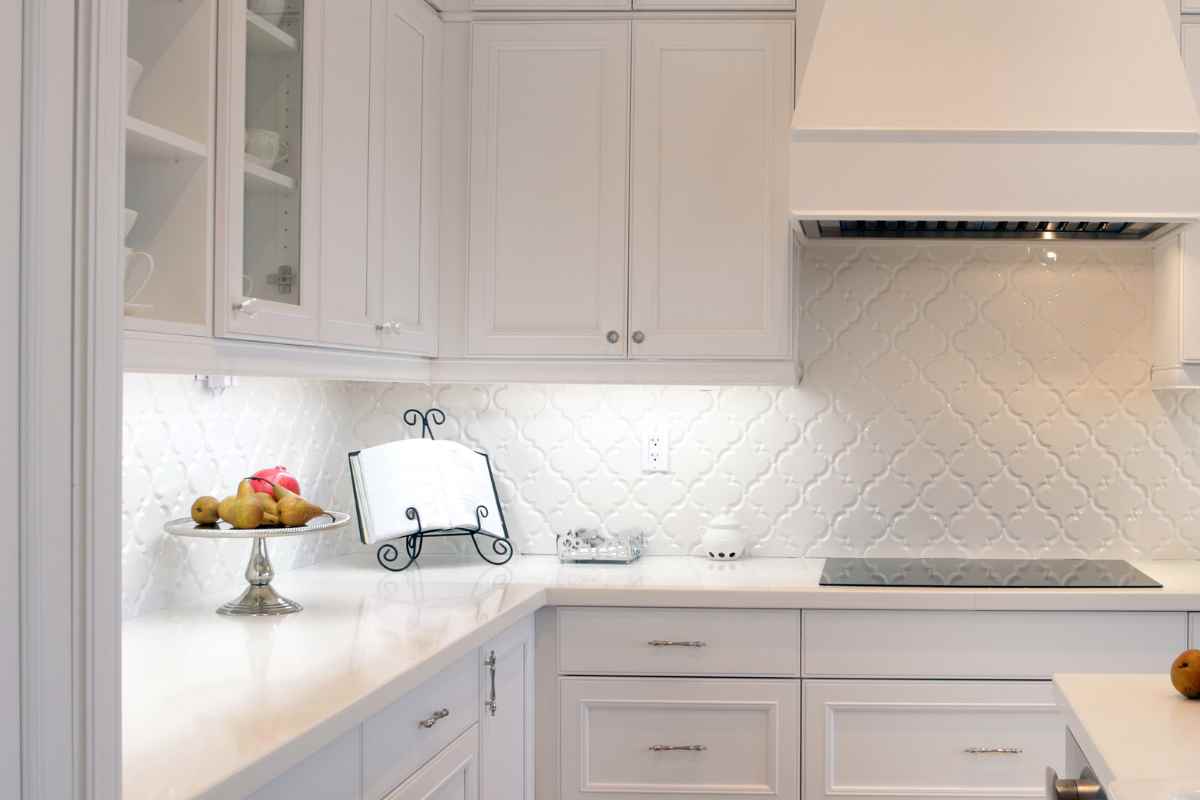 cucina ad angolo bianca con luci led sotto i pensili