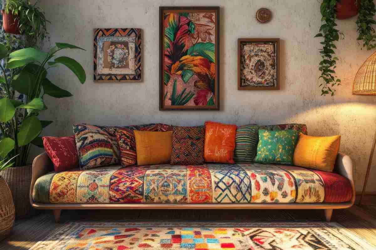soggiorno arredato con divano con tessuti colorati e cuscini con diverse stampe, tappeto e quadri alle pareti