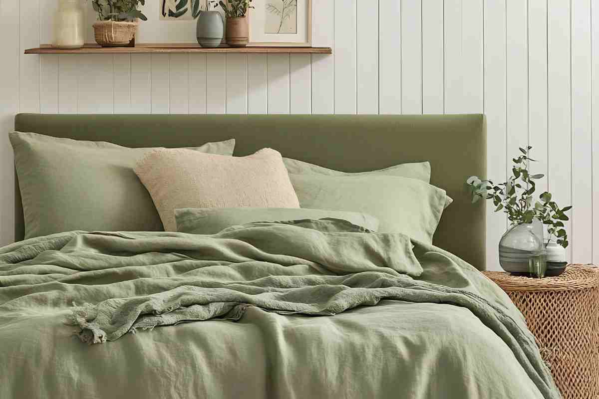 Camera da letto verde salvia con coperte, cuscini e testiera in questa tonalità