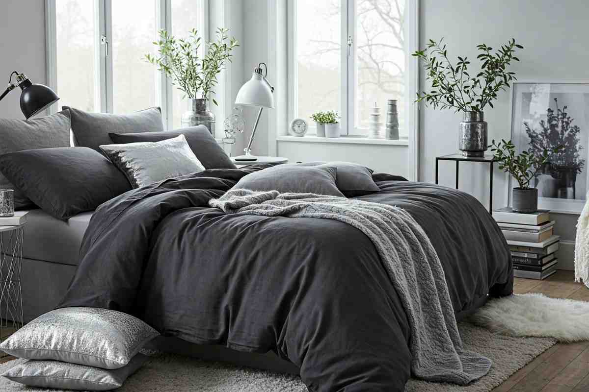 una camera da letto con biancheria grigia, pareti grigio chiaro e a decorazioni della stessa tonalità