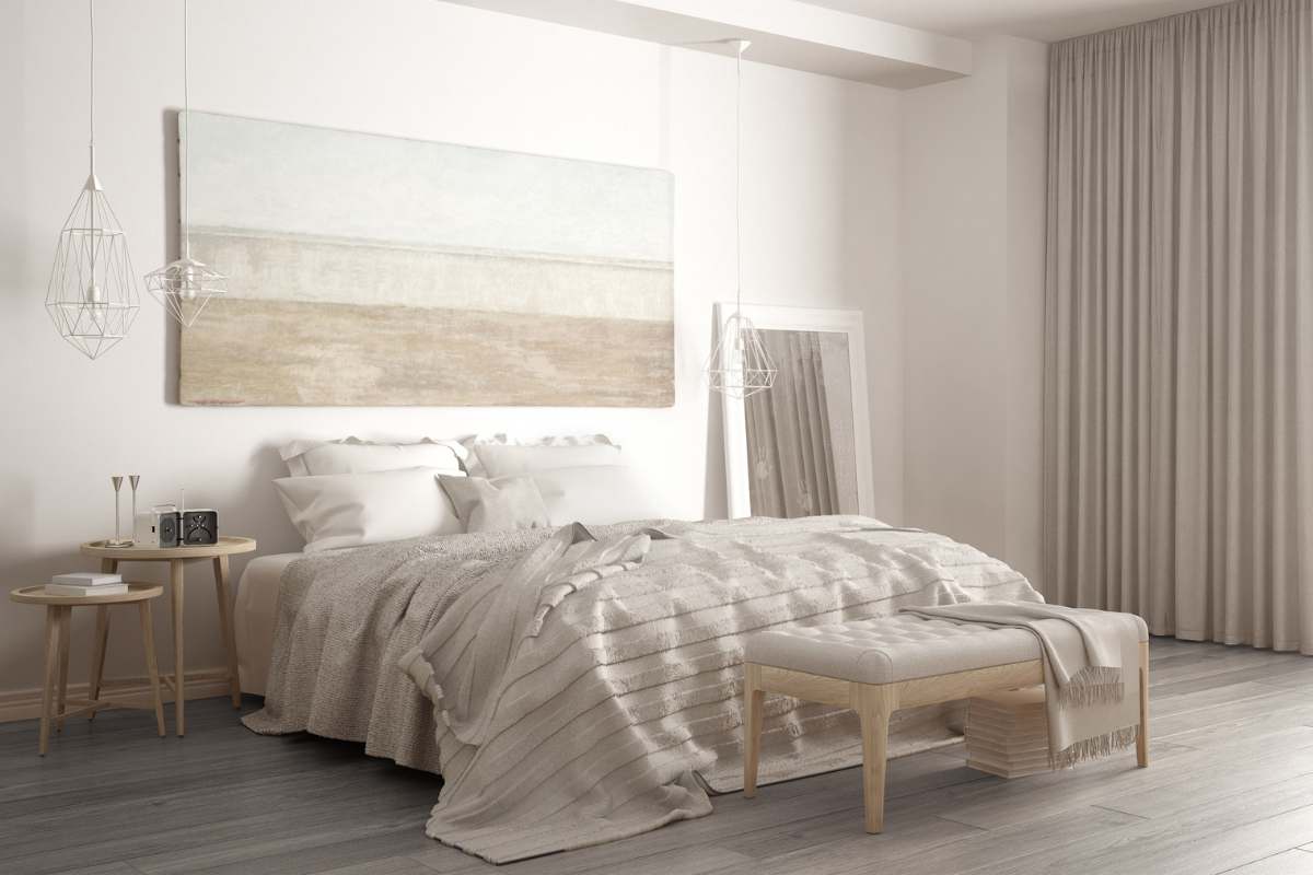 camera da letto in stile scandinavo con mobili in legno chiaro