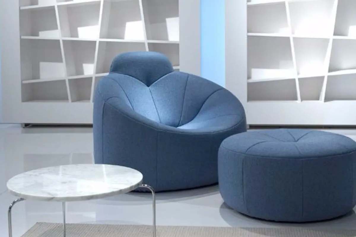 poltrona vintage Pumpkin Ligne Roset in un salotto davanti a due librerie irregolari