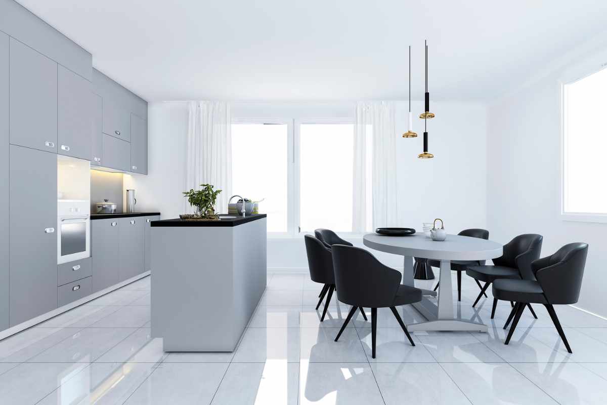 cucina in stile minimal con arredi tortora e neri