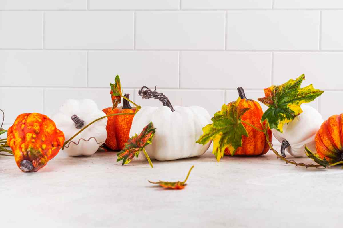 Decorazioni autunnali per la cucina con zucche arancioni, bianche e luci