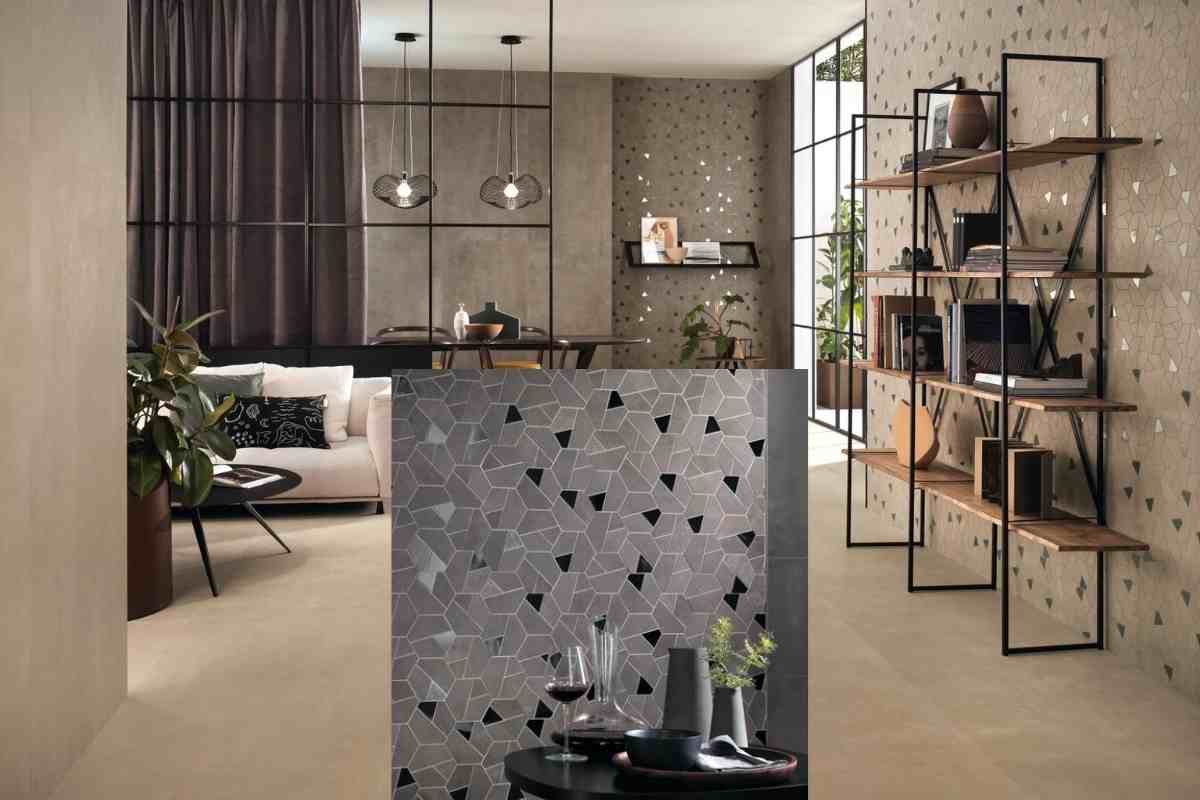 living con Gres porcellanato effetto cemento Tarmac Mosaico Hex Black Atlas Concorde
