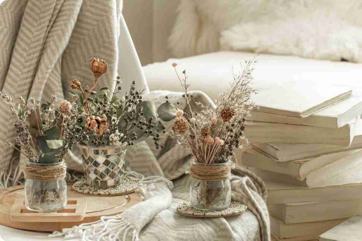Soggiorno stile shabby chic con vasi di fiori secchi