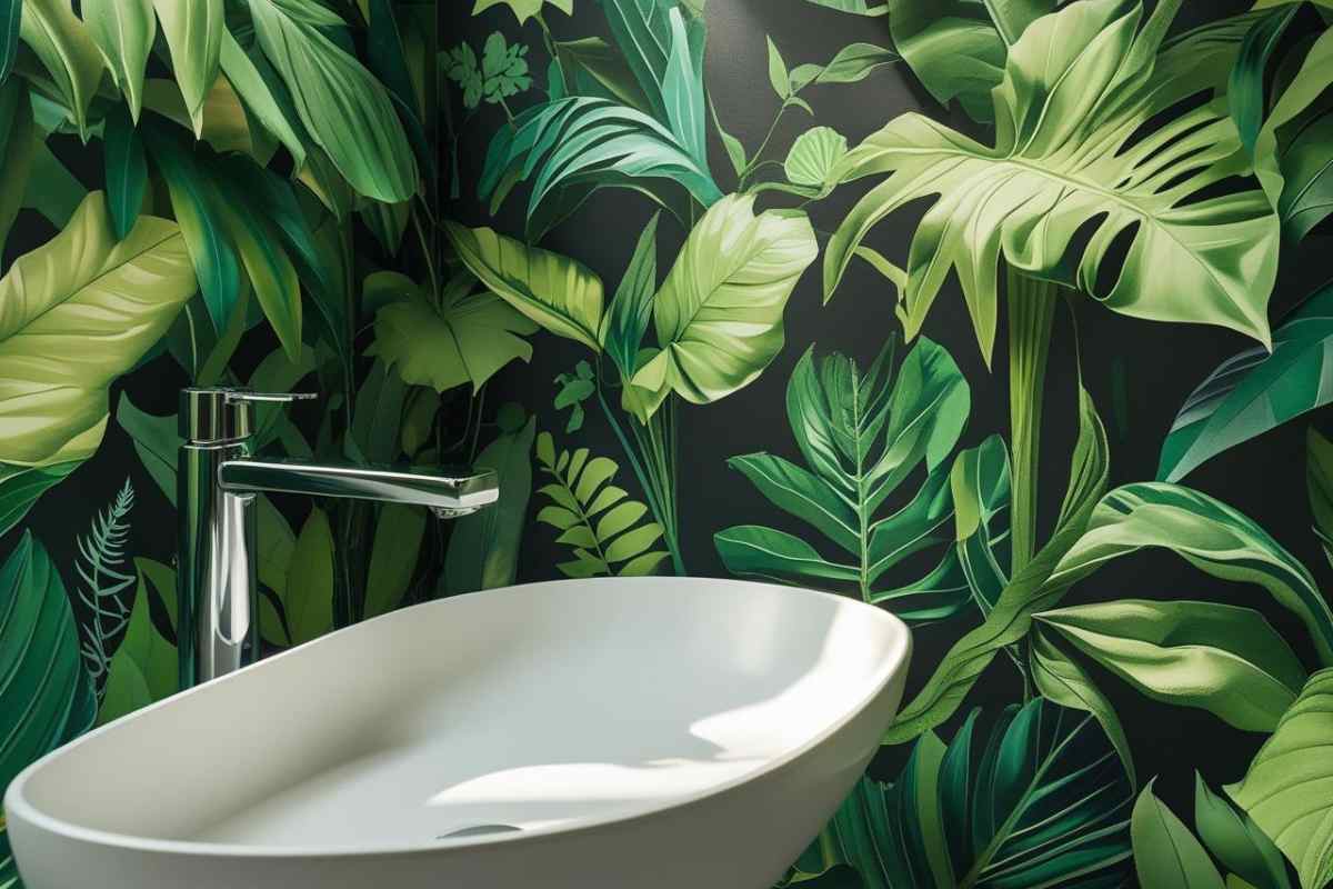 Bagno stile jungle con carta da parati con foglie su sfondo nero