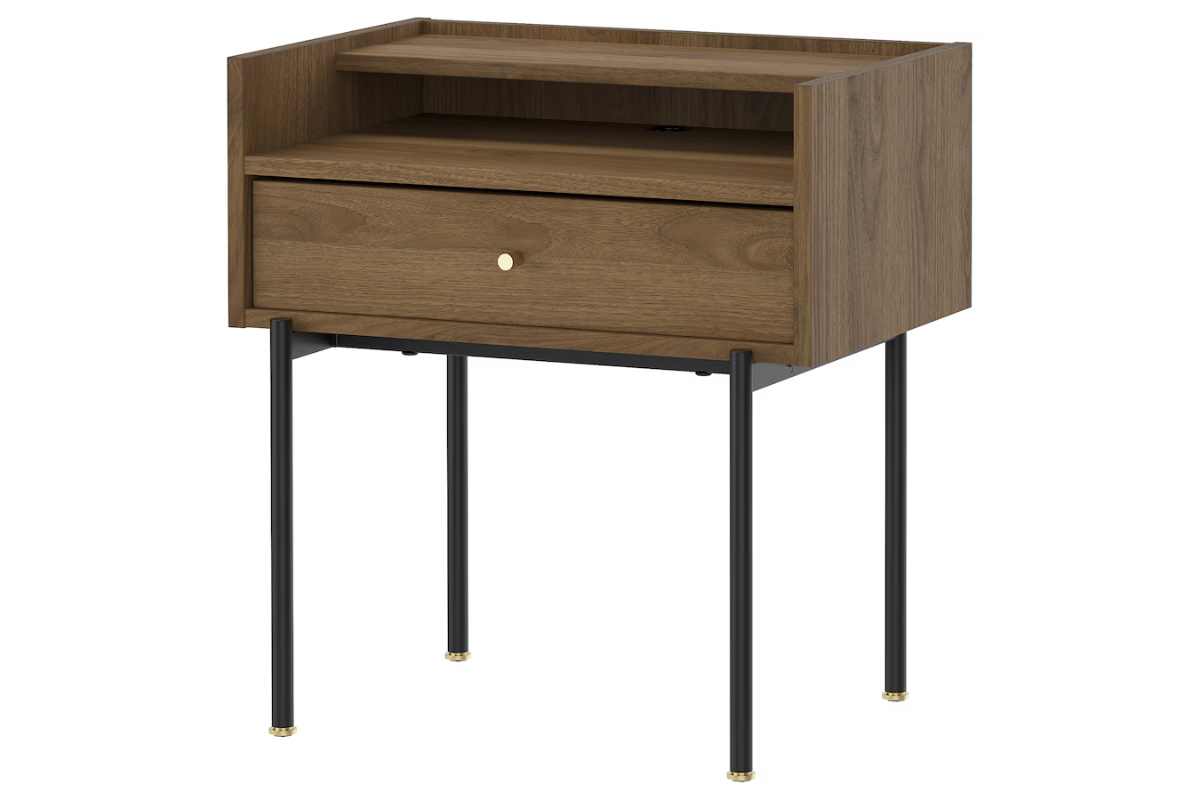 Comodino RÅDMANSÖ Ikea in legno con gambe in metallo nero e piedini dorati