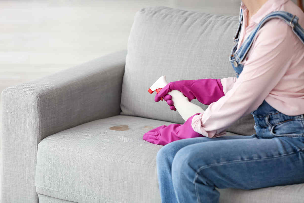 donna con spruzzino per pulire il divano