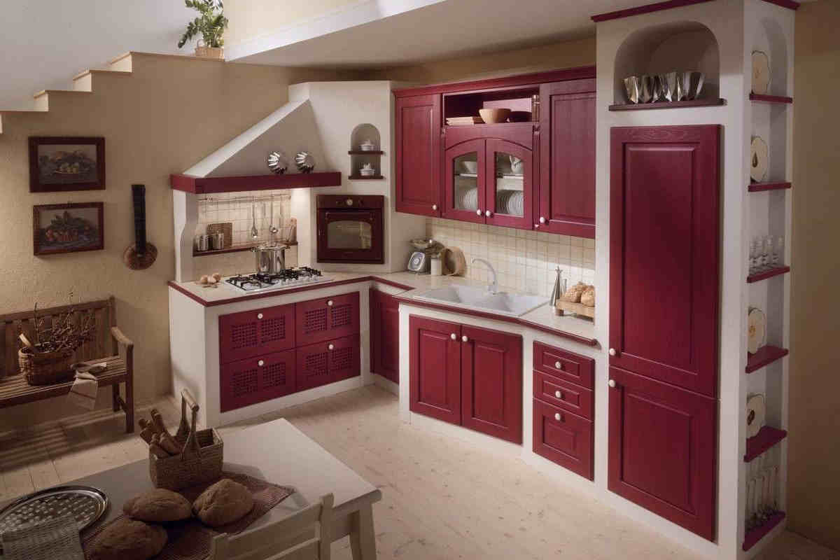 cucina moderna in muratura di colore rosso