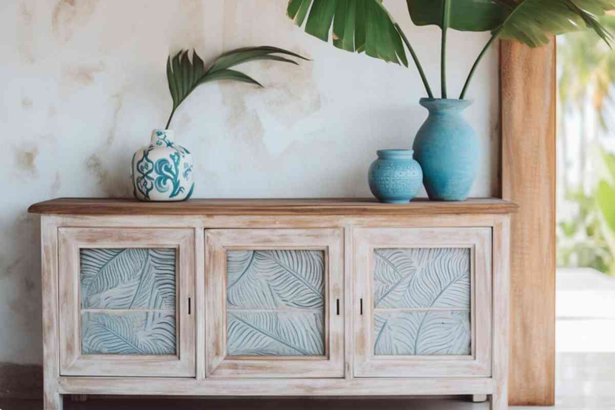 credenza decorata con la tecnica della decapatura