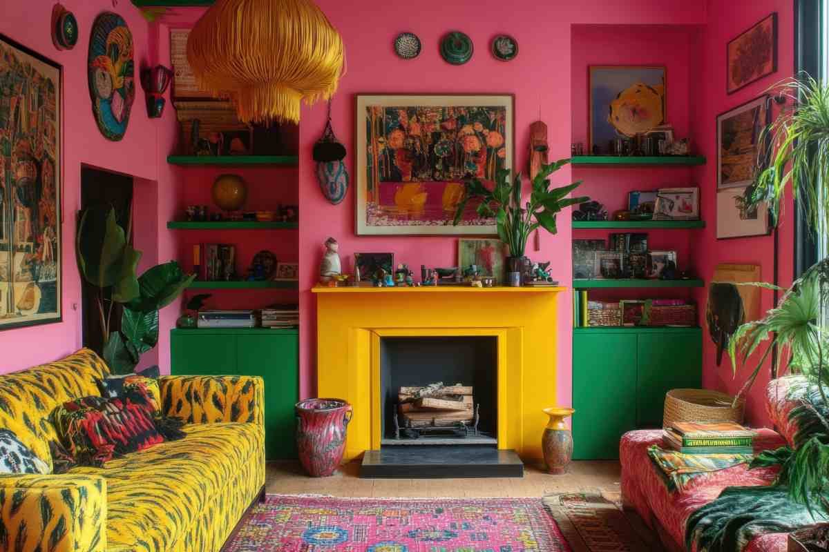 Soggiorno in stile pop con pareti colorate e arredi eclettici