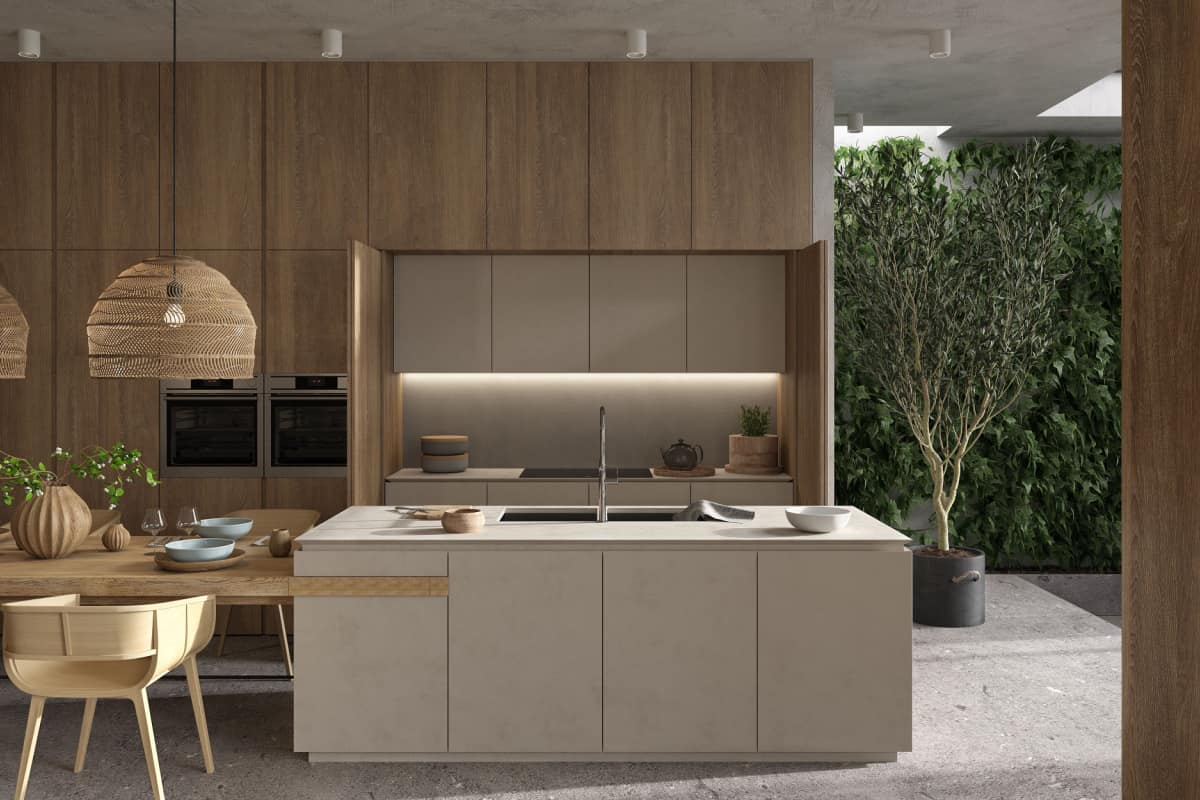 cucina in stile scandinavo con colori neutro come il beige e il grigio chiaro, con materiali in legno e piante sullo sfondo