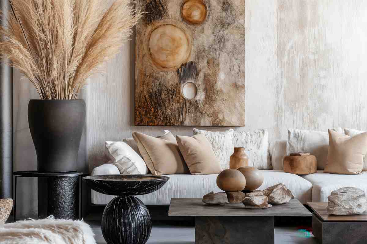 un soggiorno elegante con arredi di design, divano bianco e cuscini beige, quadro alla parete e grande vaso con rami decorativi