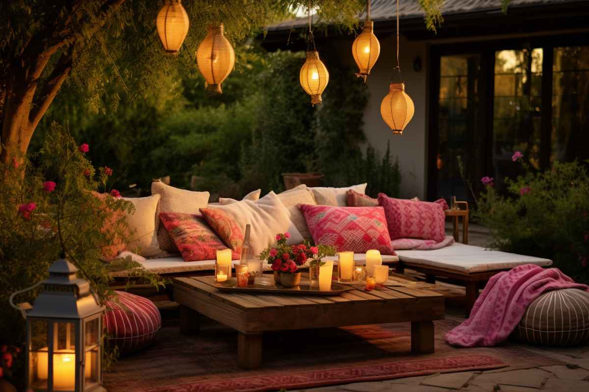 esempio di come illuminare il terrazzo con lampade, lanterne e candele