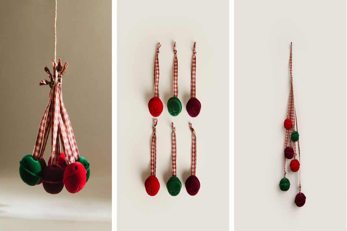 tre foto di campanellini natalizi colorati di rosso, verde e bianco