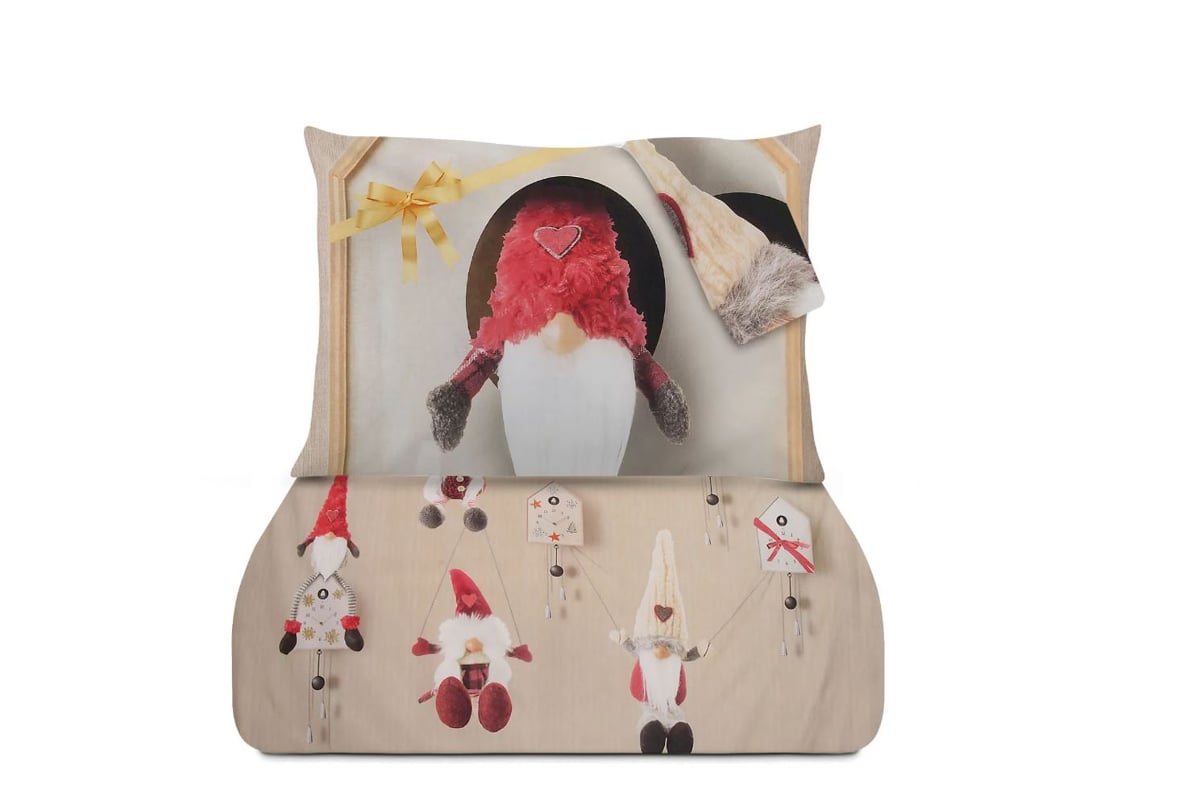 parure per il letto con copripiumino, federa e lenzuola con disegni natalizi e base di colore beige