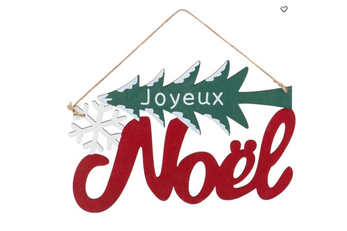 scritta in lingua francese joyeux noel da appendere al muro, in colori rosso e verde