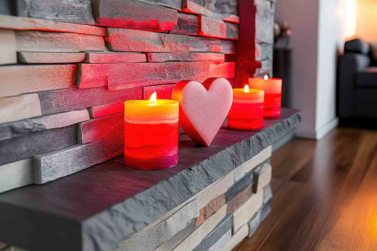 candele accese e cuori decorativi sulla mensola di un soggiorno romantico