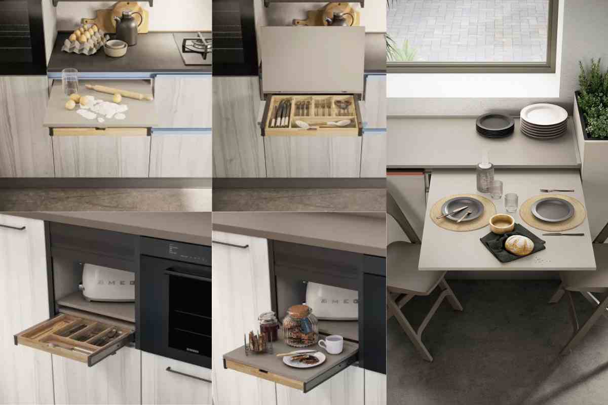 Mensole e tavolo a scomparsa di Unica Cucine Lube