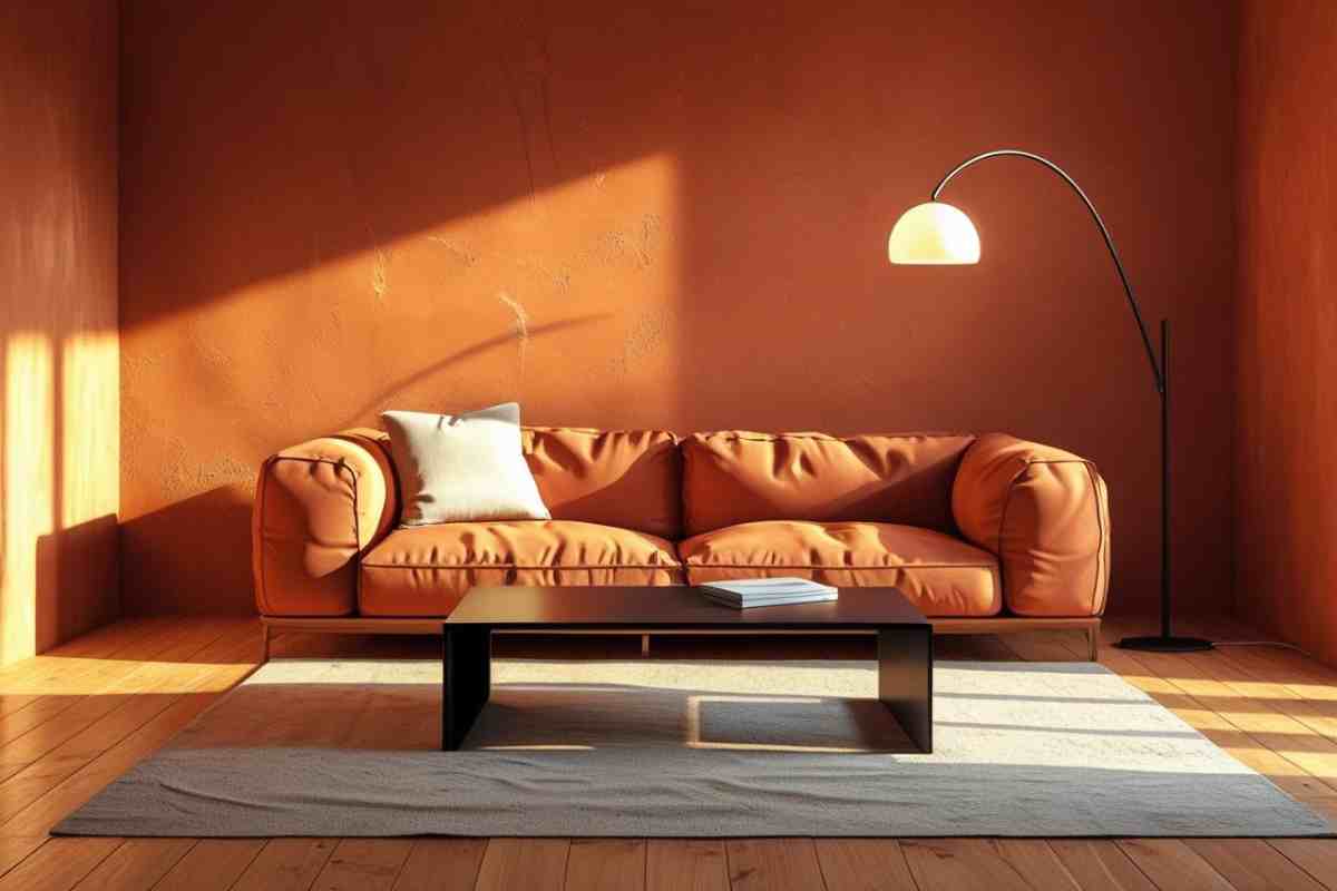 soggiorno color terracotta con divano in pelle e lampada ad arco
