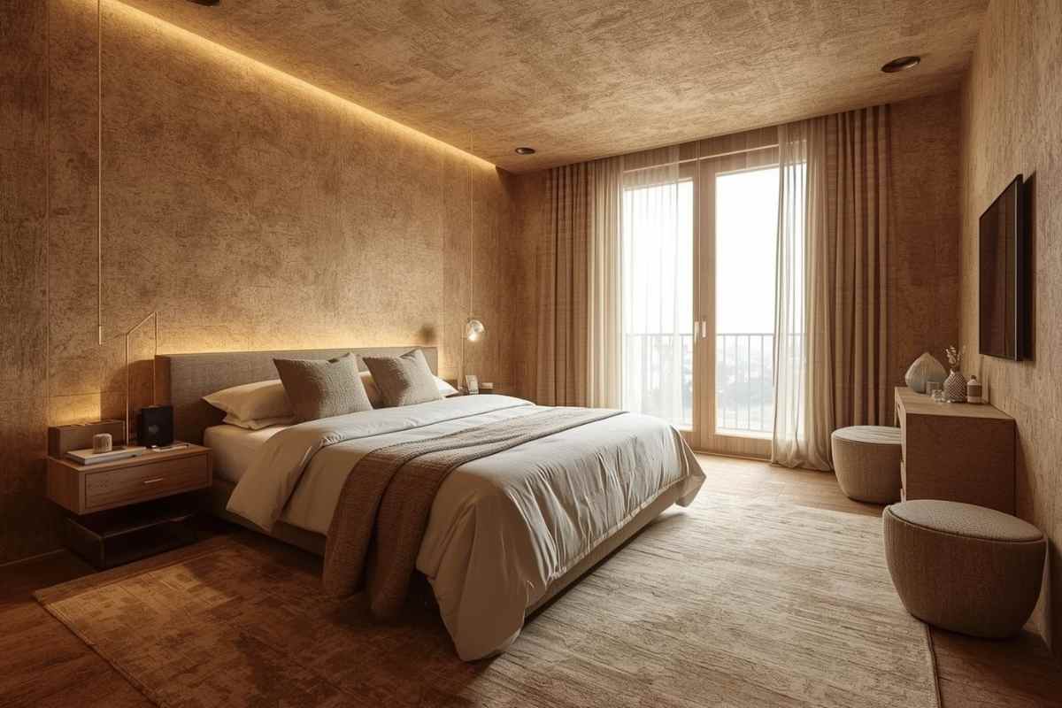 una camera da letto arredata con il sughero