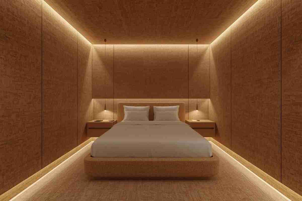 una camera da letto con sughero alle pareti e sul pavimento e letto con comodini in sughero
