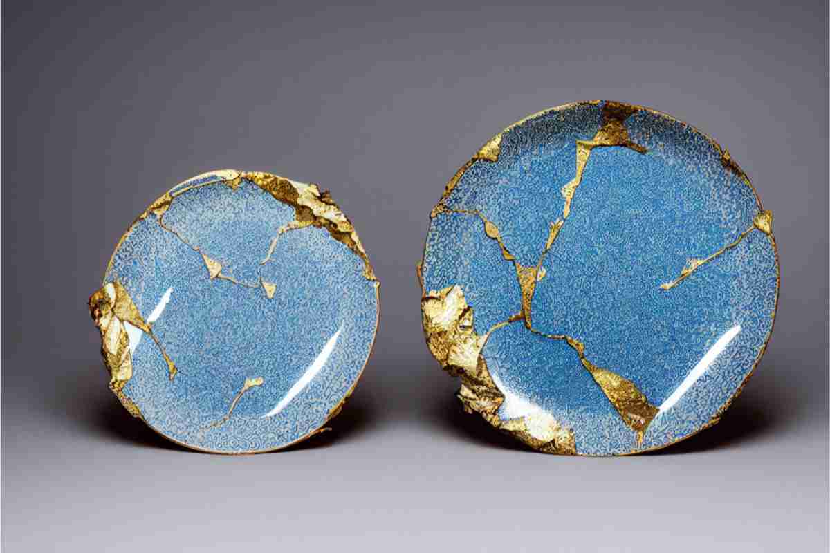 Piatti Kintsugi di colore blu e diverse forme