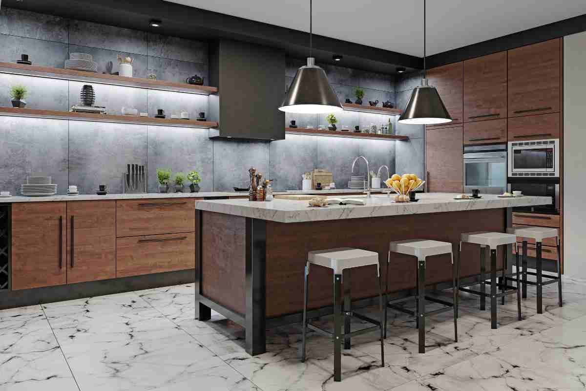 idea di come ristrutturare la cucina con isola e lampade, mensole illuminate con led
