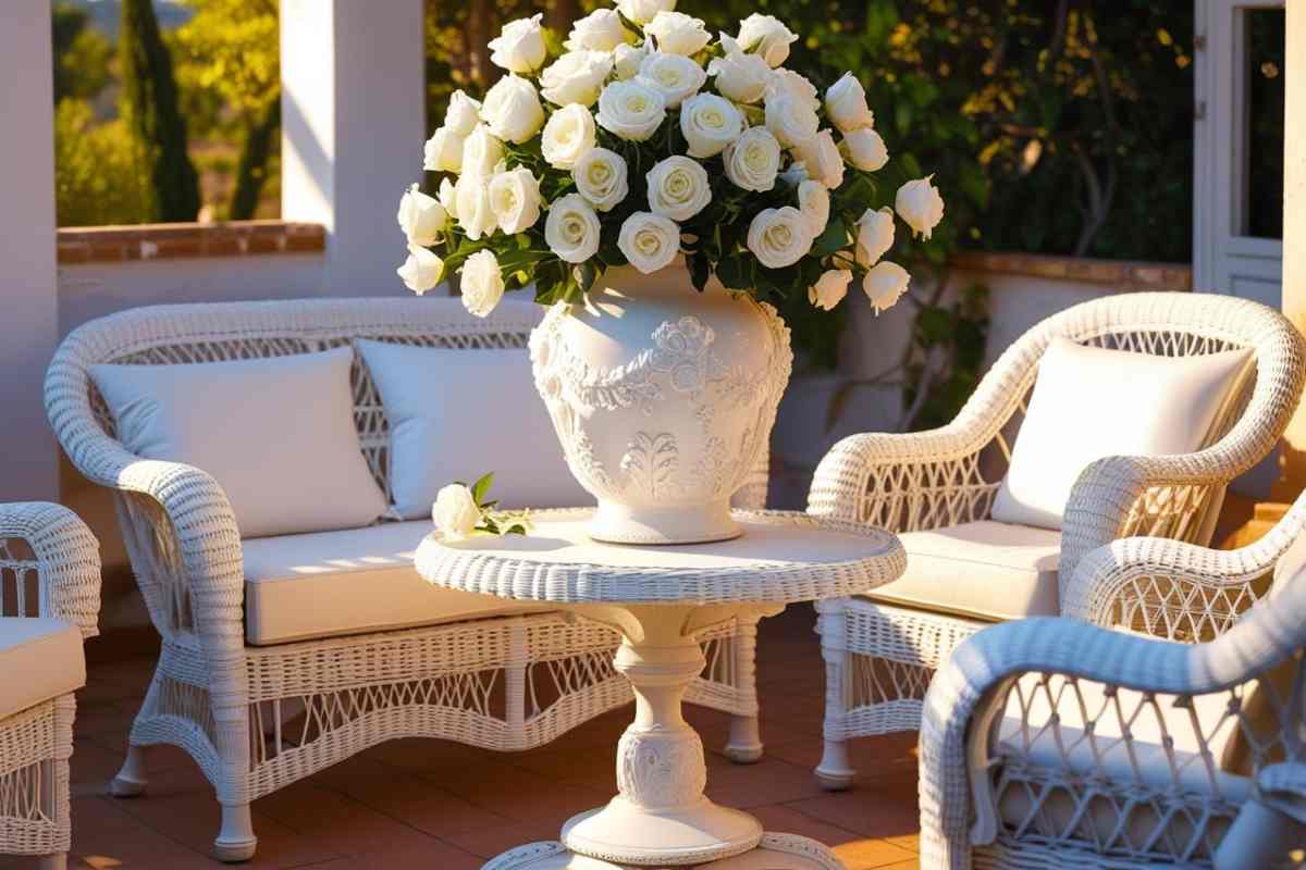 terrazzo arredato in stile shabby chic con salottino in rattan e grande vaso pieno di rose bianche