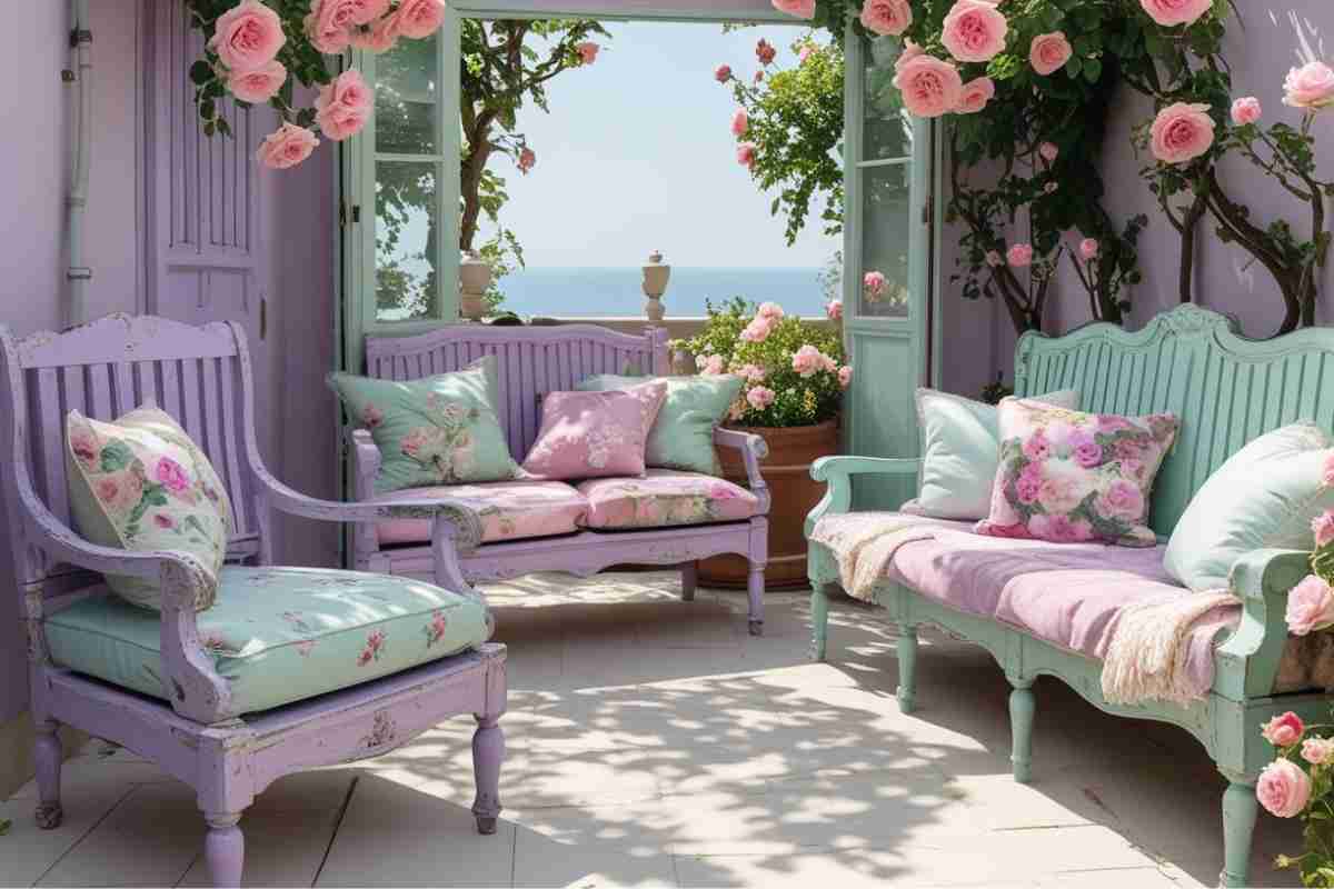 terrazzo in stile shabby chic con arredi color lavanda e verde salvia