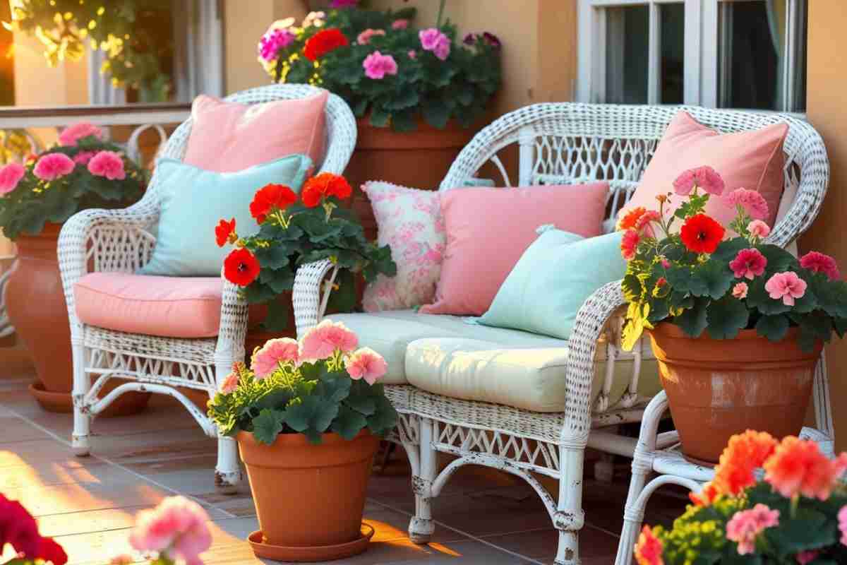 terrazzo shabby chic con fiori e piante in vaso