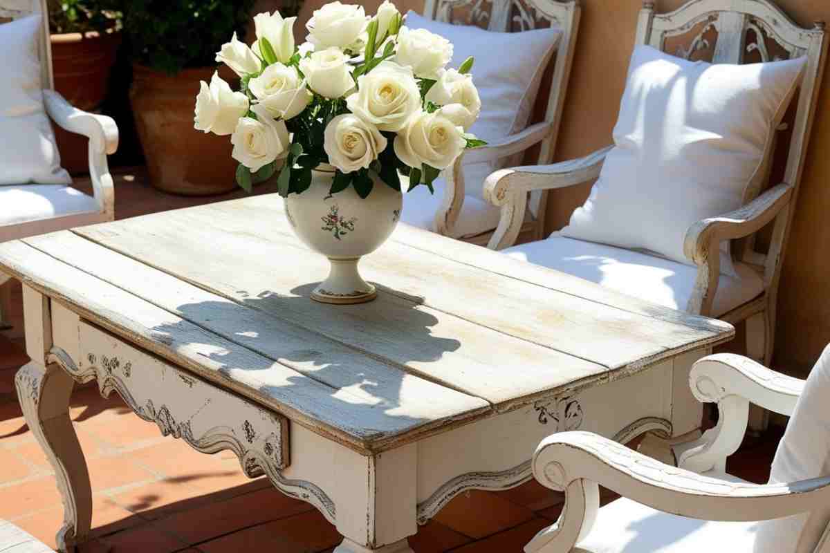 tavolo e sedie con cuscini in stile shabby chic in una terrazza