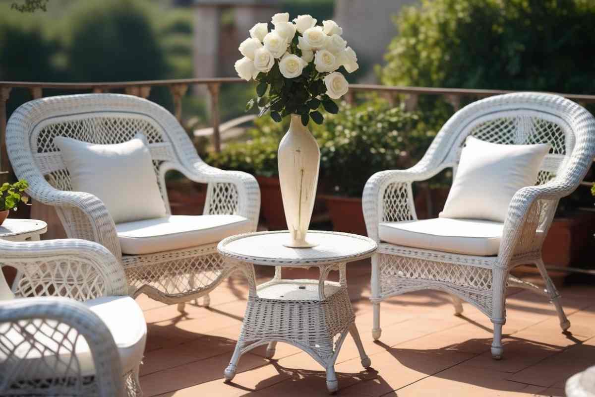 Outdoor con salottino in rattan bianco