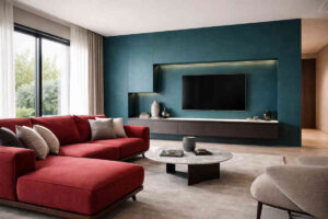 Soggiorno moderno con parete ottanio e divano rosso a contrasto