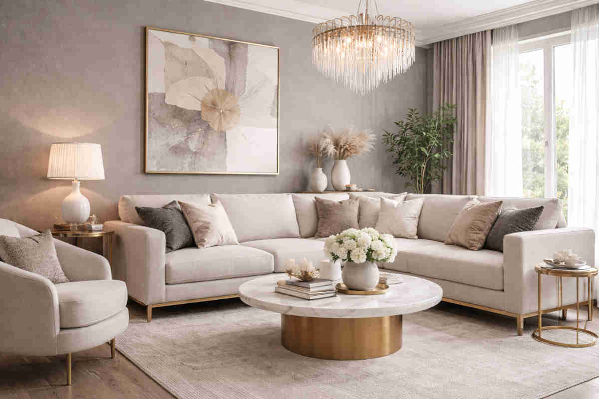 Soggiorno moderno con parete grigia dietro il divano